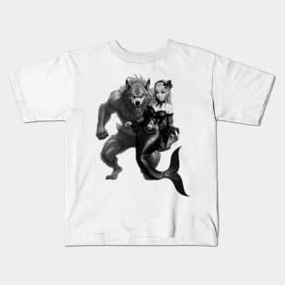 Black and White Mermaid and Werewolf Boyfriend Kids T-Shirt